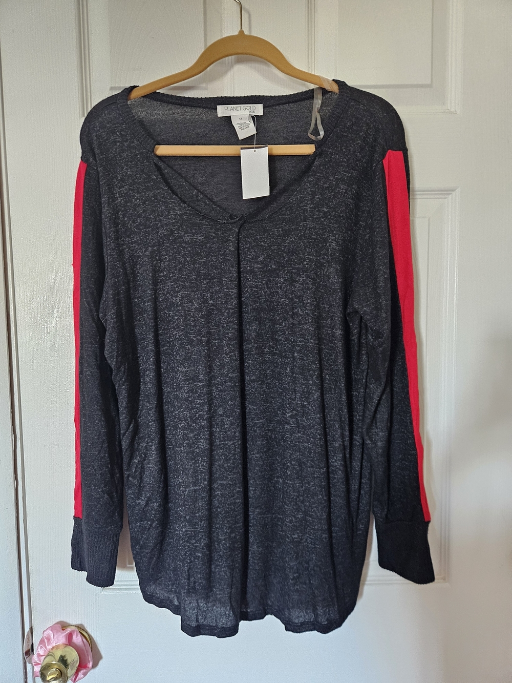 Planet Gold Charcoal Long Sleeve Top with Red Sleeve Stripe